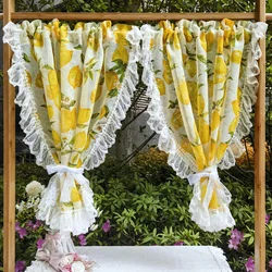1Panel Yellow Lemon Print Tulle Curtains with White Lacework ,Pastoral Small Window, Kitchen Short Drapes Cabinet Dust Decor