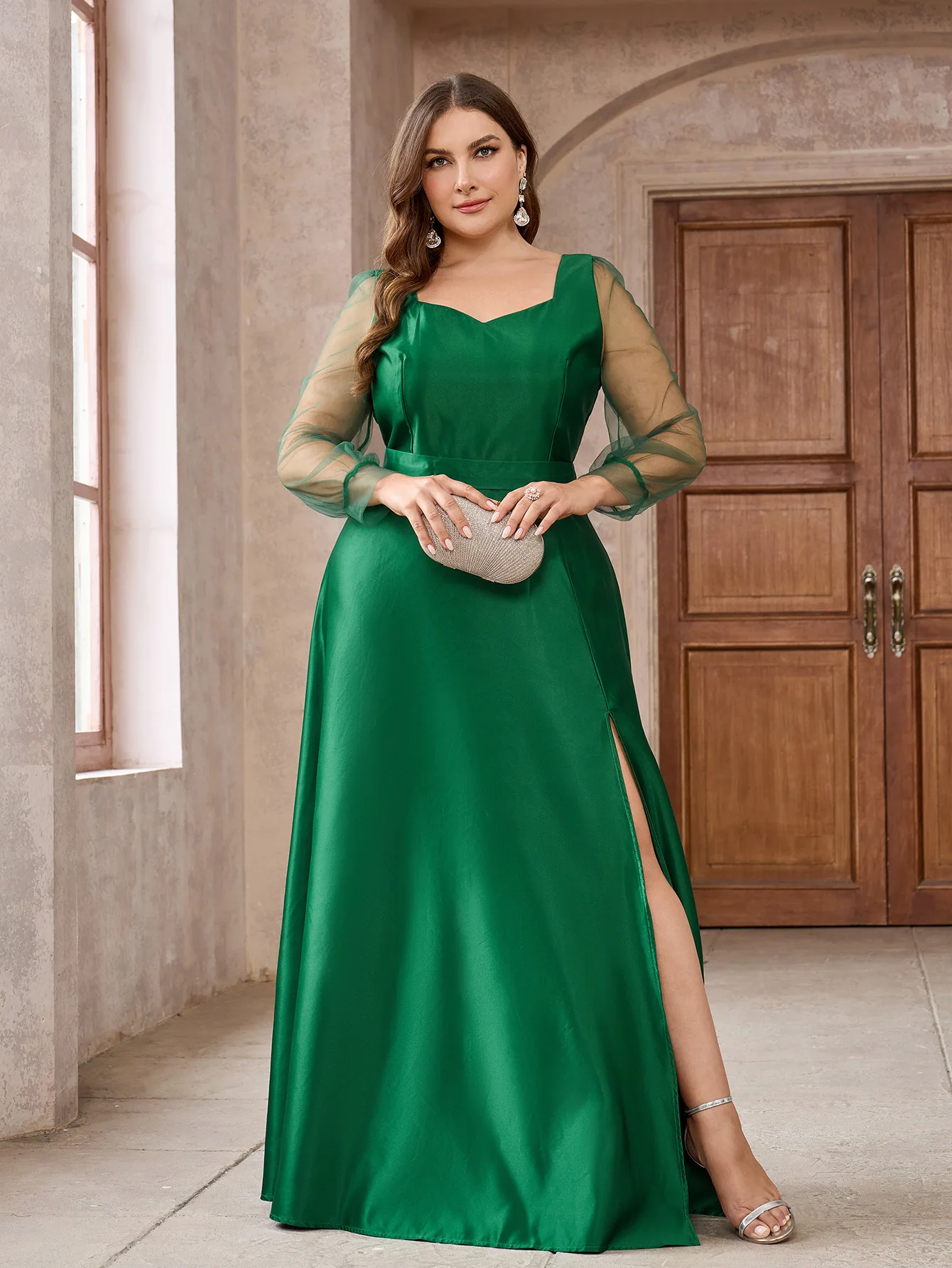 Plus Size Womens Green Satin Formal Wedding Guest Evening Party Maxi Dresses Long Sleeve Maxi Cocktail Long Dresses Vestidos