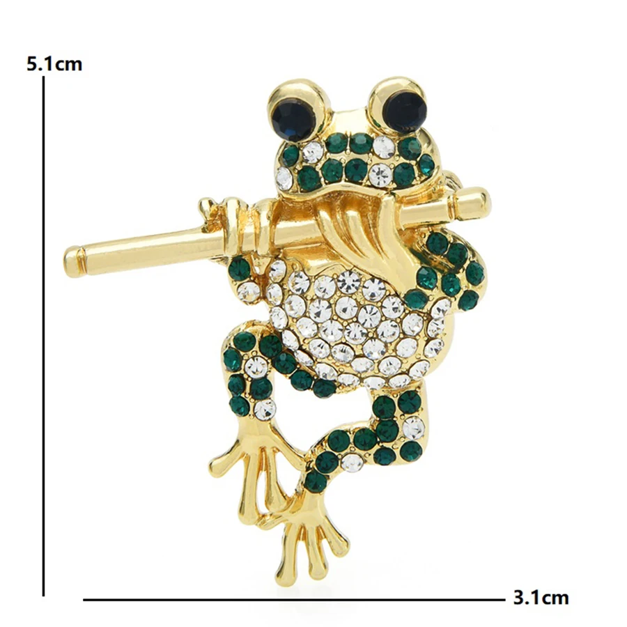 Play Bamboo Fluting Frog Brooches Women Men Rhinestone Lovely Animal Party Casual Brooch Pins Gifts