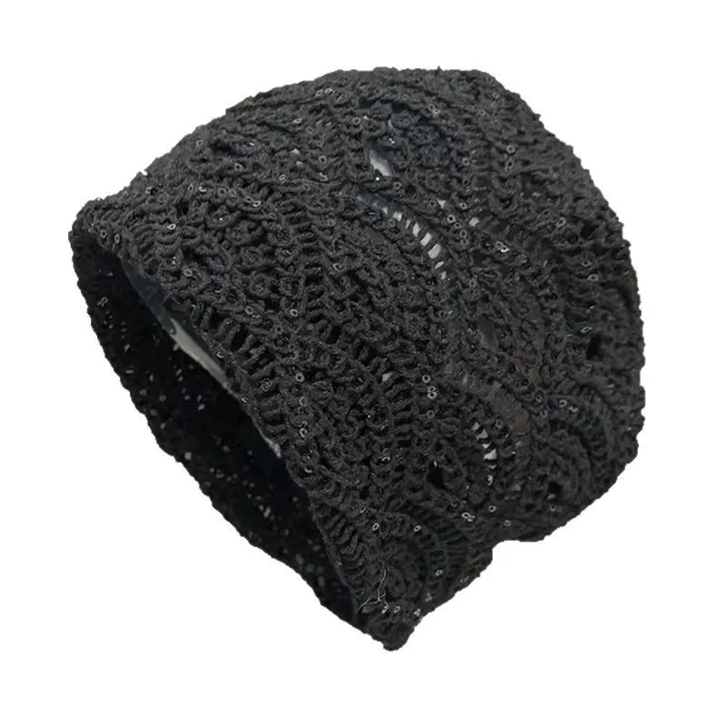 Women's Vintage Crochet Slouchy Beanie Hollow Knit Cap Breathable Lace Pattern Solid Color Knitted Hat