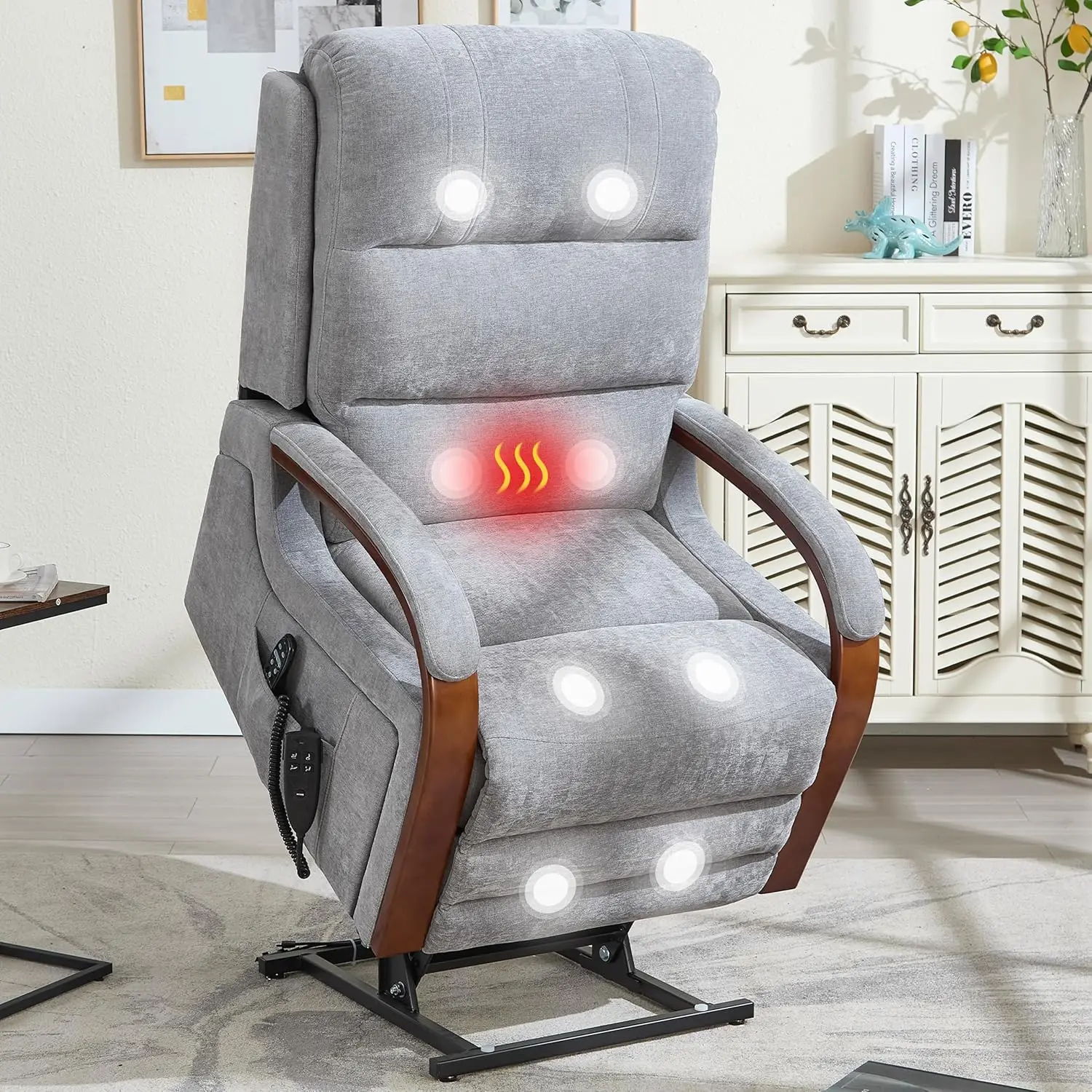 #Dual Motor Power Lift Recliner Vibration Massage Heat Lay Flat Solid Wood Armrest Chenille Fabric Gray for Elderly, Customized