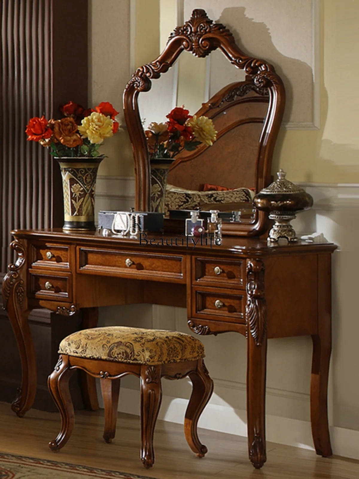 American-Style Solid Wood Dresser Makeup Table Solid Wood Make-up Stool Small Apartment Retro European-Style Combination