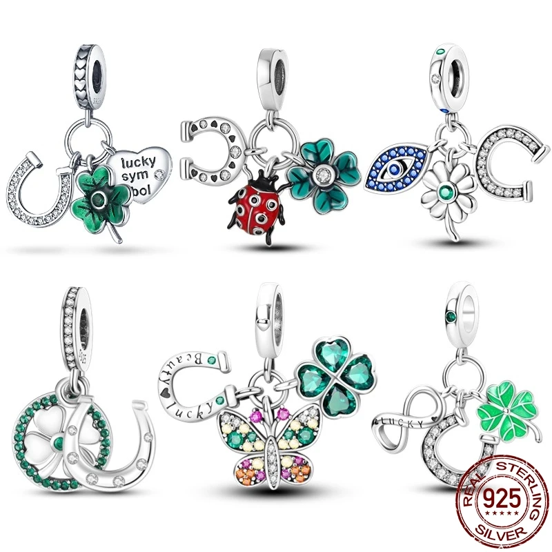 S925 Sterling Silver Flowery Horseshoe Four-Leaf Clover Series Charms Fit Original Pandora Bracelet For Women Fine Jewelry Gift