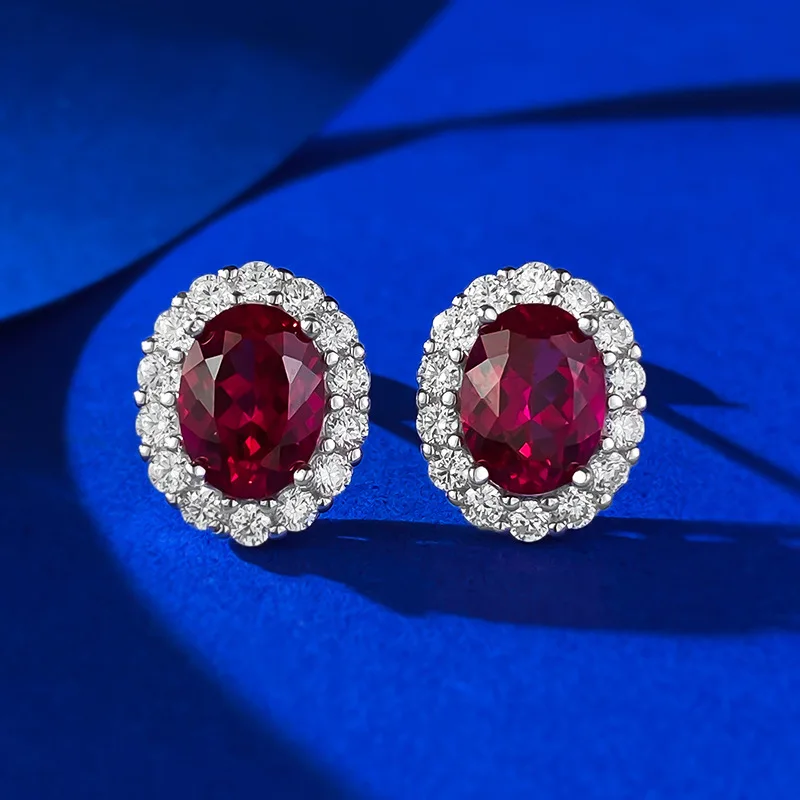 Pendientes de corindón elíptico, aretes versátiles diarios, Paloma de Plata S925, rojo sangre, 6x8mm, estilo de moda