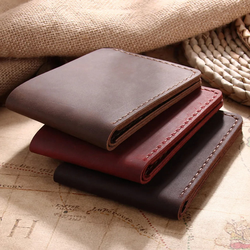 Hand Stitched  Leather Personalised Wallet for Men Engraved Purse Leather Short Card Wallet for Male Money Clips Money Bag