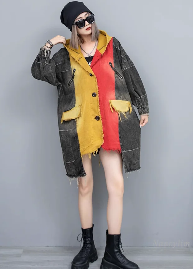 Personalized Fashion Irregular Stitching Contrast Color Denim Mid-Length Hooded Coat for Women 2024 Autumn Fashion Coats