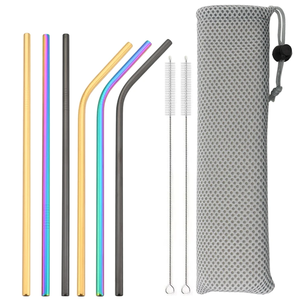 6 Pcs Reusable Drinking Straw Metal Straws Cleaner 304 Stainless Steel Straws Set Straight Bent Eco-friendly Drinkware Straw