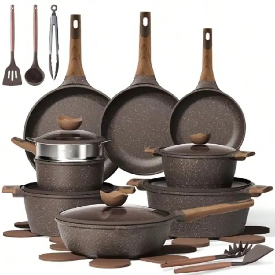 26pcs Pots And Pans Set, Nonstick Cookware Sets Induction Kitchen Cooking Set, Special Texture Design, Ultra Durable, Easy Food Release, Even Heating, With Frying Pans Set