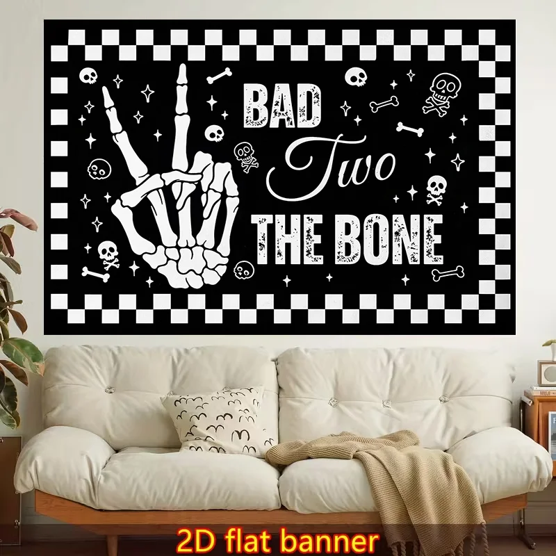 1pc 2D Flat Printed Wall Tapestry | Skeleton Hand, Checkered Border, 