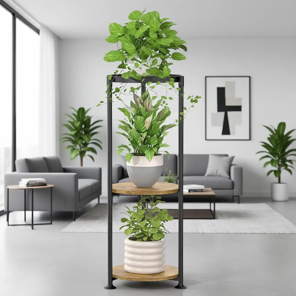 

3-Tier Indoor-Outdoor Plant Stand, 34 Tall, Black & Rustic Brown, Metal Construction
