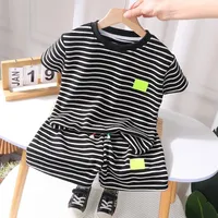 Korean Sports Girl Boy Clothing Set Striped Clothes Tracksuit Summer Casual T-shirt +shorts 2pcs Suitchild School Clothes Outfit