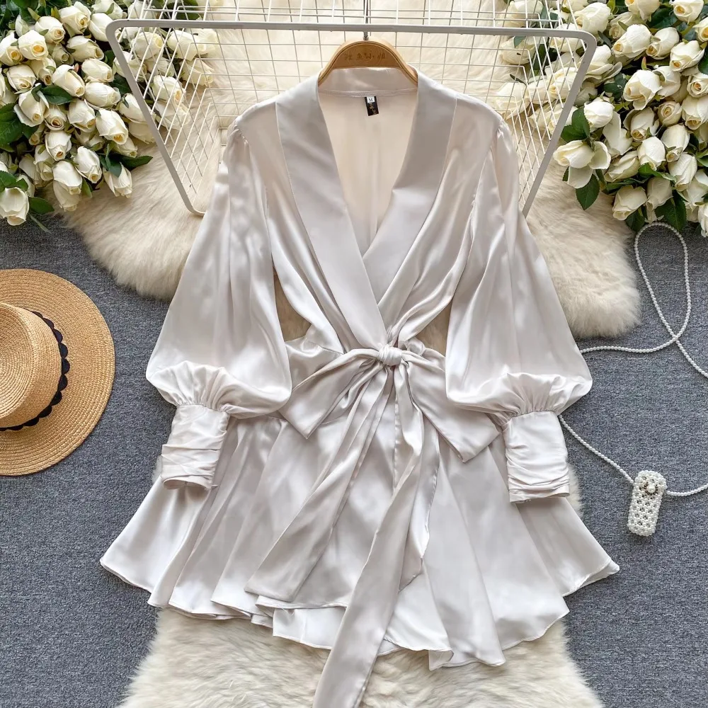 French Vintage Folds V-neck Solid Puff Sleeves Long Sleeves Dress Casual A-LINE Women Fashion Autumn Dress