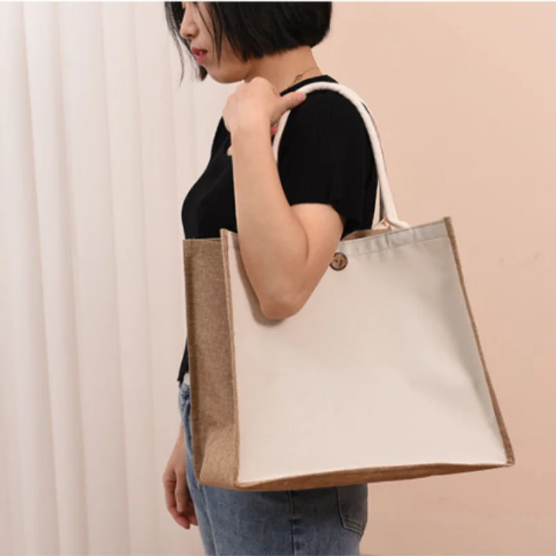 Bolsas de compras reutilizables de yute de arpillera, bolsos de gran capacidad para mujer, sacos portátiles de imitación, bolsos hechos a mano de lino