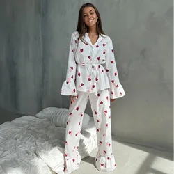 Autumn 100% Cotton Pink Heart Print Loose Comfortable Pajamas Set For Women Long Sleeves Long Pants Sleepwear 2PCS Home Clothes