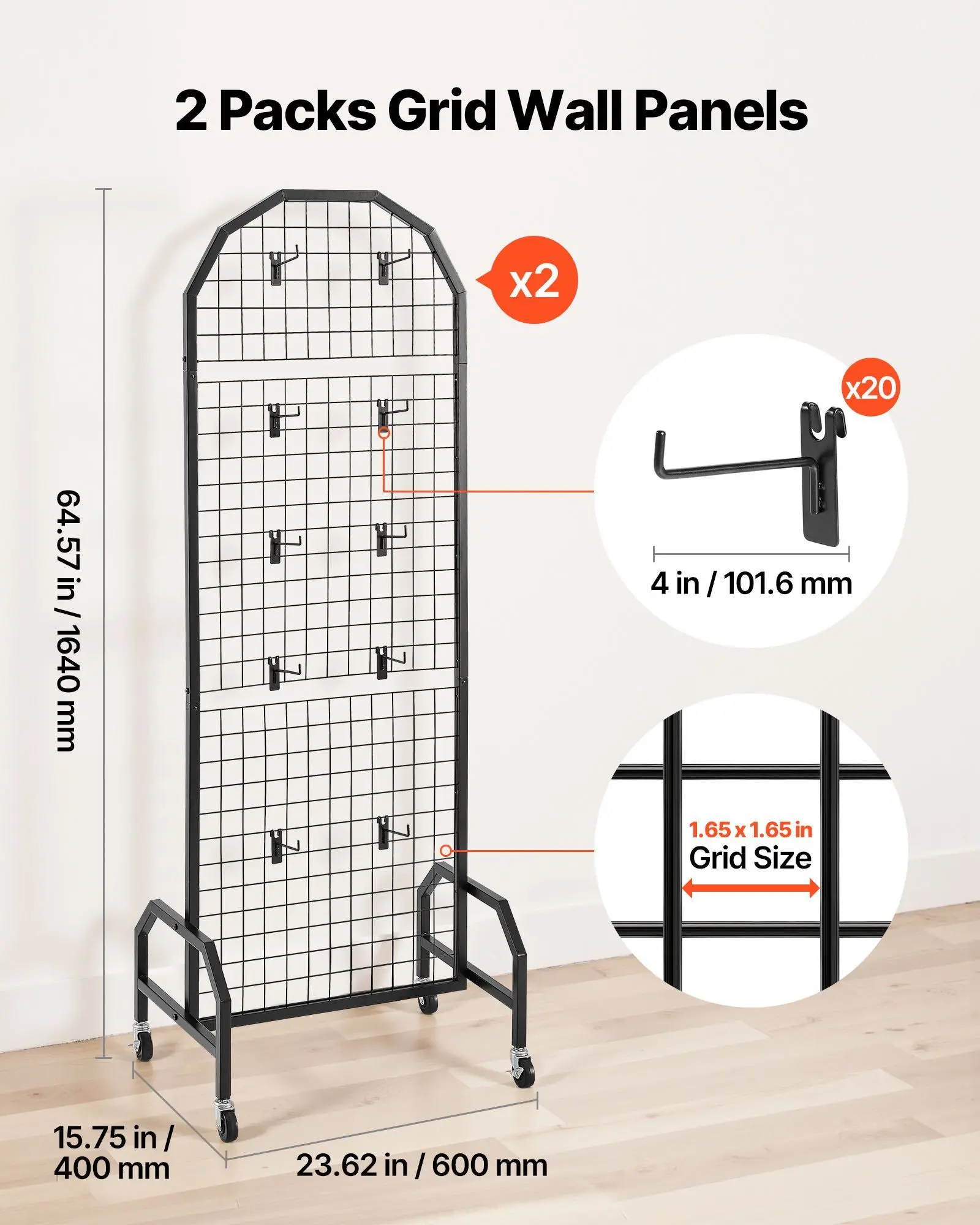 2-Pack Grid Wall Panels 1.9x5.4ft Heavy-Duty Steel Gridwall Display w/ Wheels & 20 Hooks Mobile Rack for Retail Store Craft Show