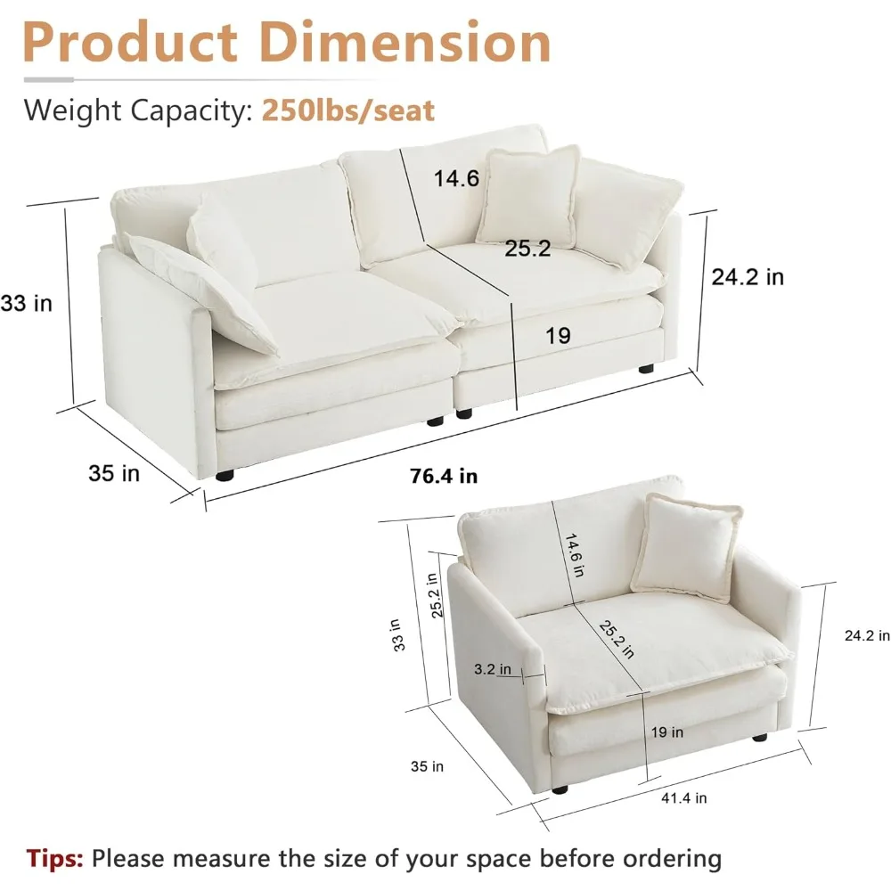 Luxury 2-piece love seat sofa, sofa armchair set, modern fabric display cloud sofa, 5 pillows, suitable for living room