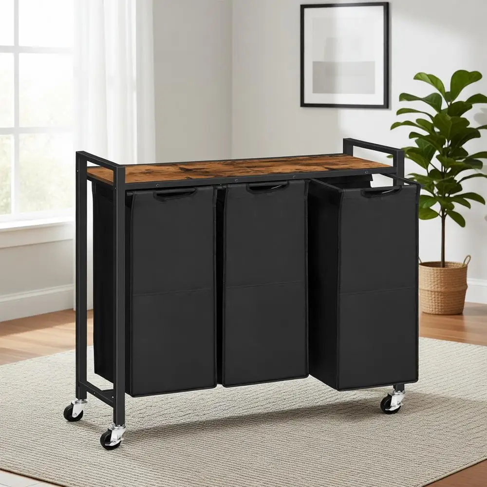 

Трехсекционная корзина для белья на колесиках со съемными мешками, объем 35,5 л, цвет: рустик-коричневый и черный