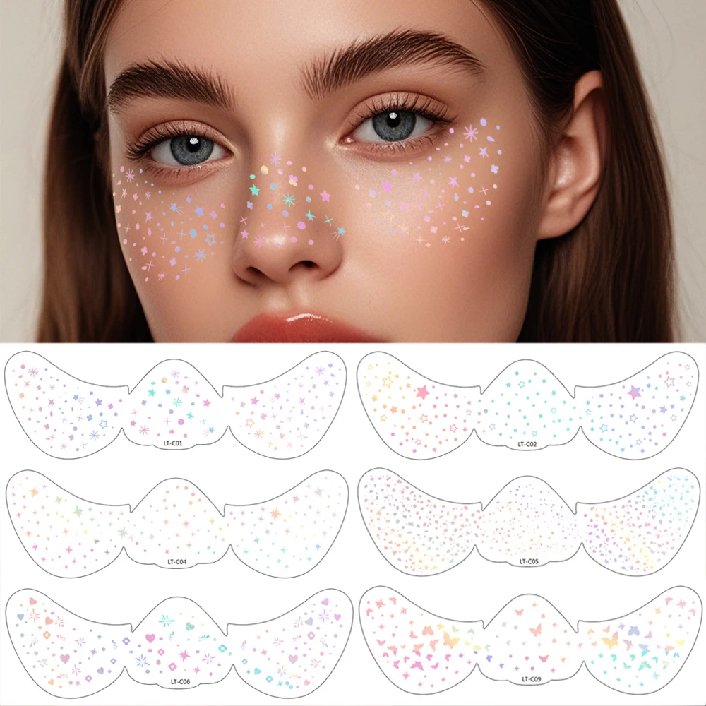 

6pcs Glitter Fake Freckle Stickers Metallic Laser Freckle Tattoo Sticker Face Makeup Patches Waterproof Temporary Tattoos