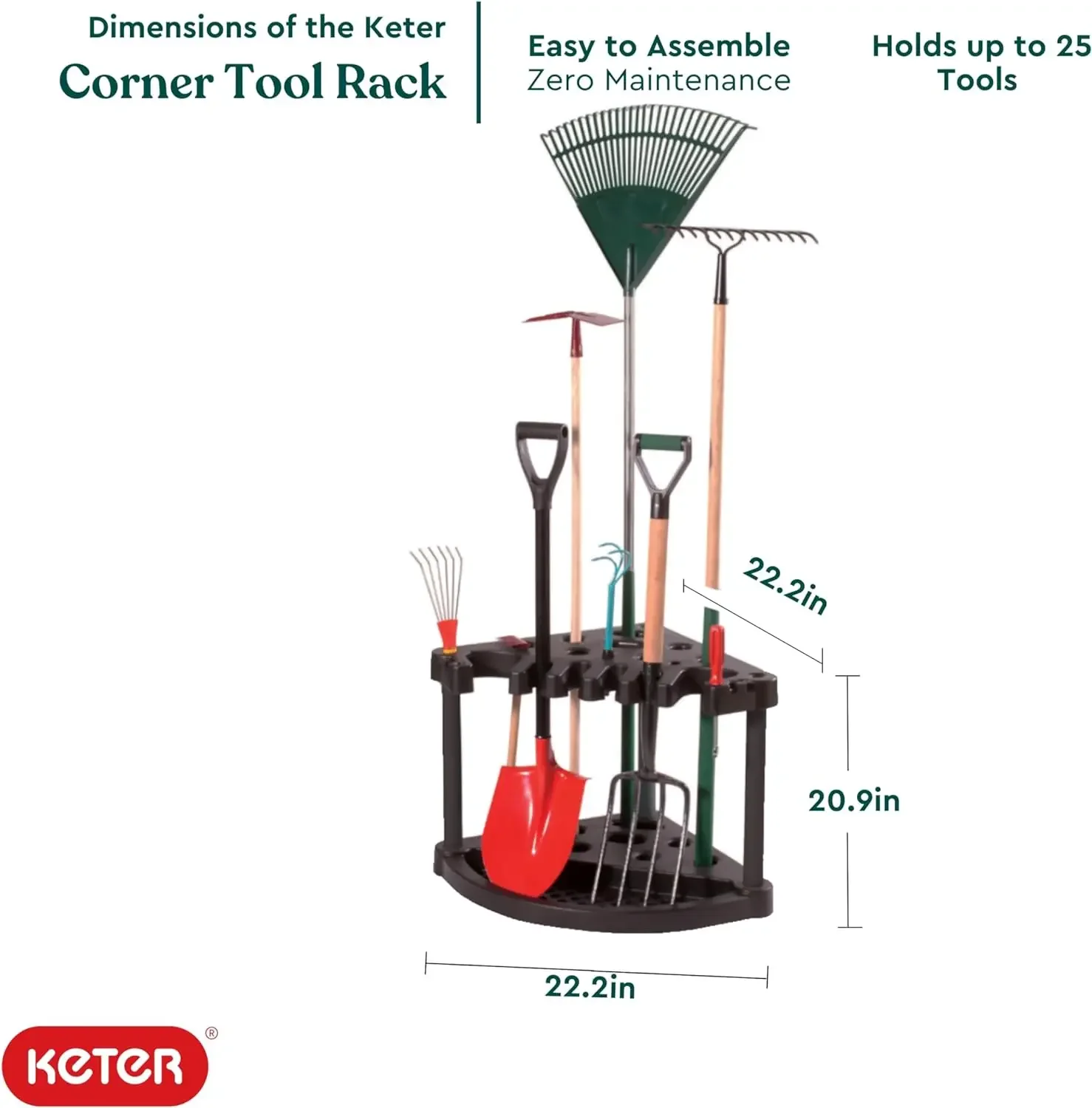 Outil d'angle compact T1 pour un maximum de stockage et d'organisation, facile à assembler et à organiser, 25 outils de jardin à long manche