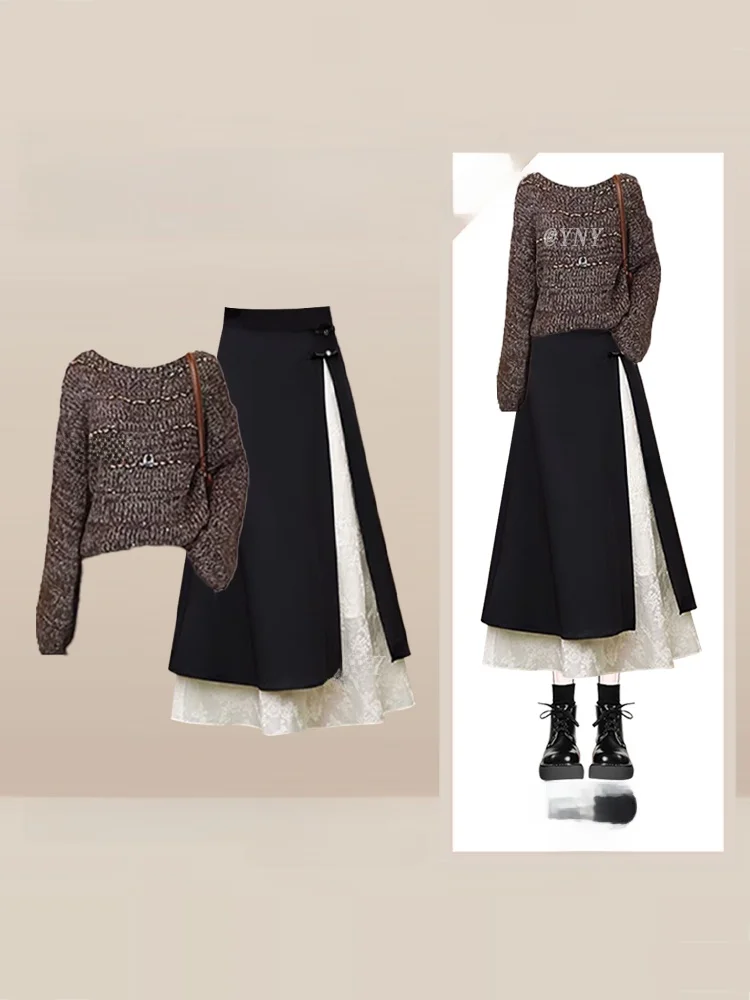 

Блестящий вязаный топ с пайетками и кружевными вставками, мягкий уютный зимний свитер, комплект с юбкой миди с высокой талией, свободный крой, круглый вырез