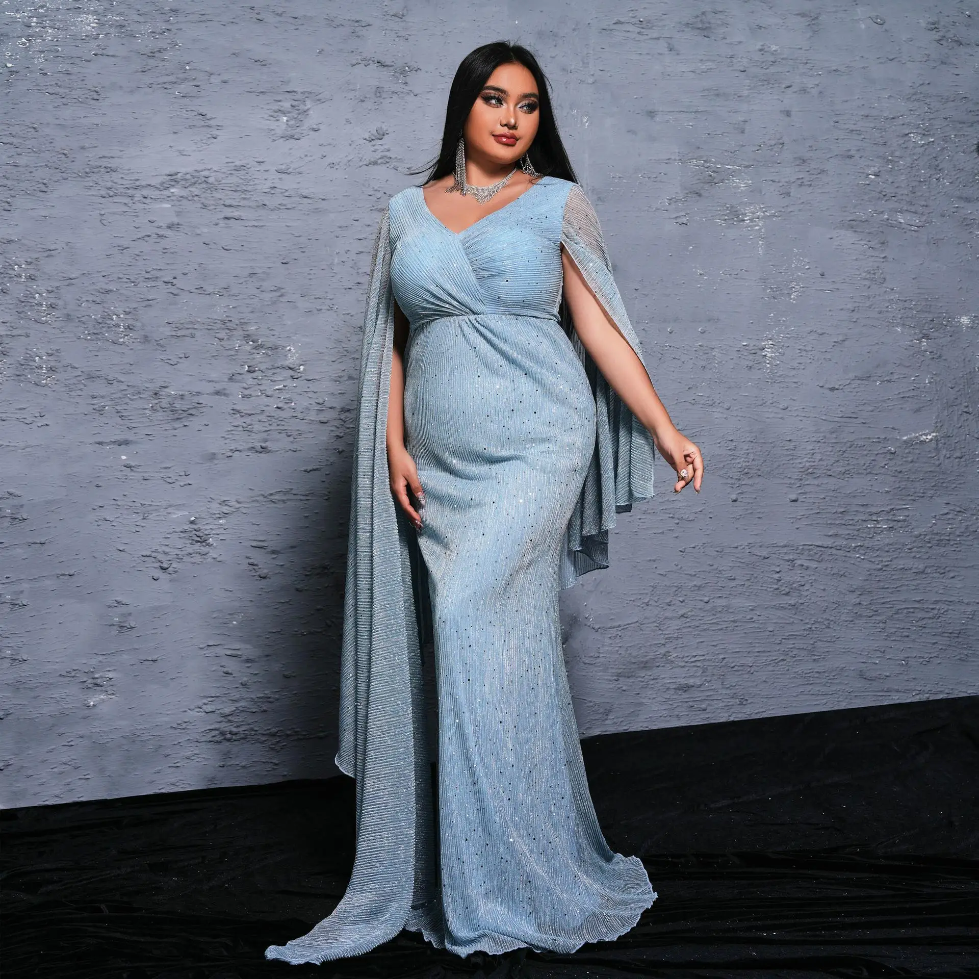 플러스 사이즈 롱 Sve V-넥 이브닝 드레스 반짝이는 스팽글 맥시 드레스 여성용 출퇴근 슬레 바디콘 스커트 중국 제작