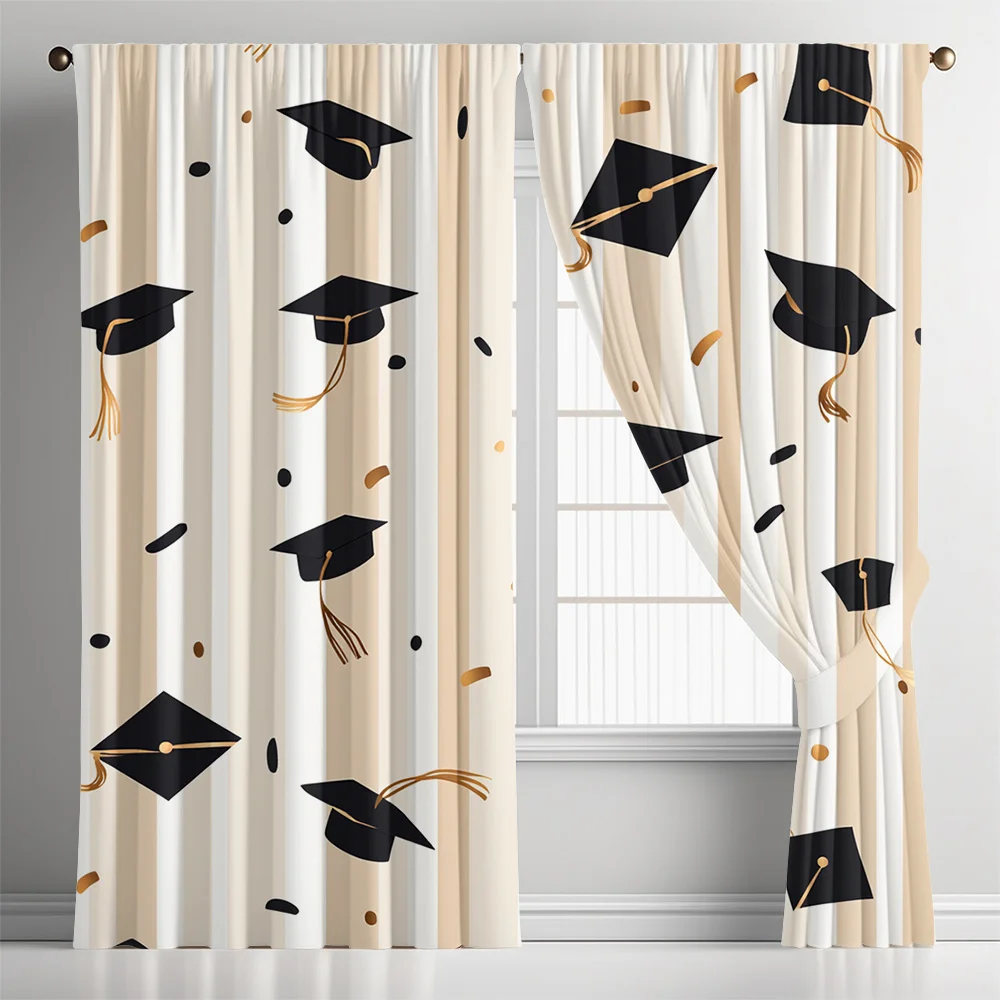 Graduation Cap & Confetti Striped Curtains Set of 2 Rod Pocket Semi Sheer for Living Room Bedroom Decor
