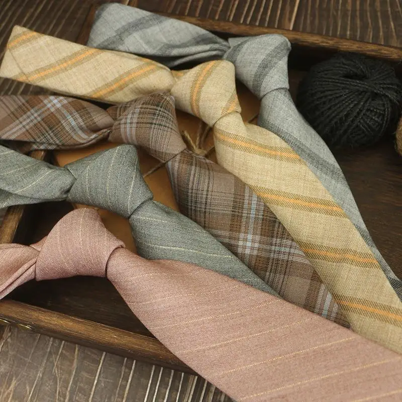 

2024 Soft Cotton Striped Ties For Men Korean British Gray Brown Plaid Neckties 7.5CM Width Business Casual Cravat Shirt Neckwear