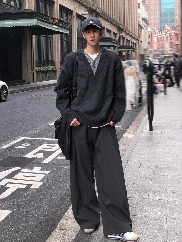 

Retro Spliced V-Ne Knitwear Men's Autumn Winter Loose Fit Base Layer Sweater ex Casual Ci Walk Daily Wear Warmth