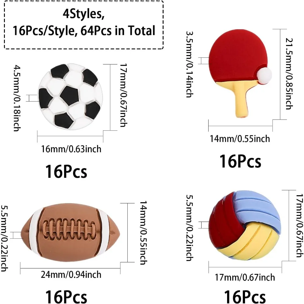 64Pcs 4Styles Sports Theme Opaque Resin Cabochons Rugby Volleyball Table Tennis Football Pattern Beads for DIY Scrapbooking