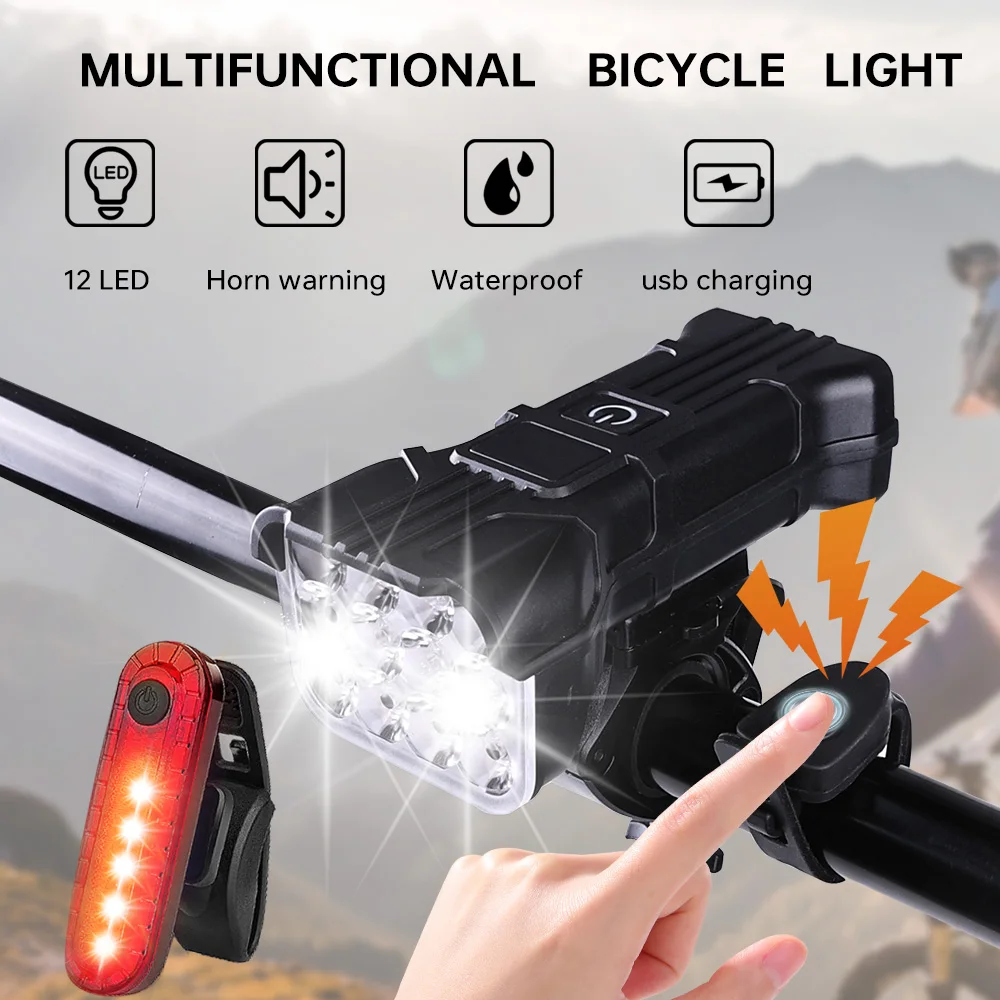 

Bicycle Light with Horn Brightness Cycling Light Portable Flashlight MTB Road Bike Headlight 5 Modes140 dB Horn Night Light