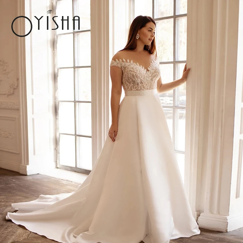 

OYISHA Off Shoulder Satin Wedding Dress Lace Applique Boho A-Line Vestidos De Noiva Back Button Plus Size Bridal Gowns For Women