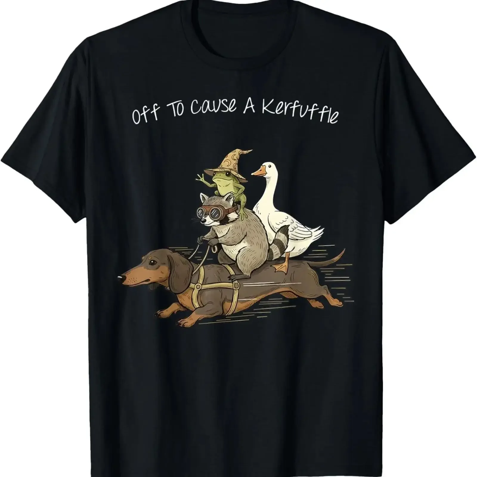 Off to Cause A Kerfuffle Frog Raccoon Goose Riding Dachshund unisex T Shirt vintage Washed designer clothes Breathable