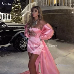 Qanz Sexy Mermaid Cocktail Dresses Satin Short Off Shoulder Mini Prom Dress Pink Strapless Party Dresses Women Night Customized