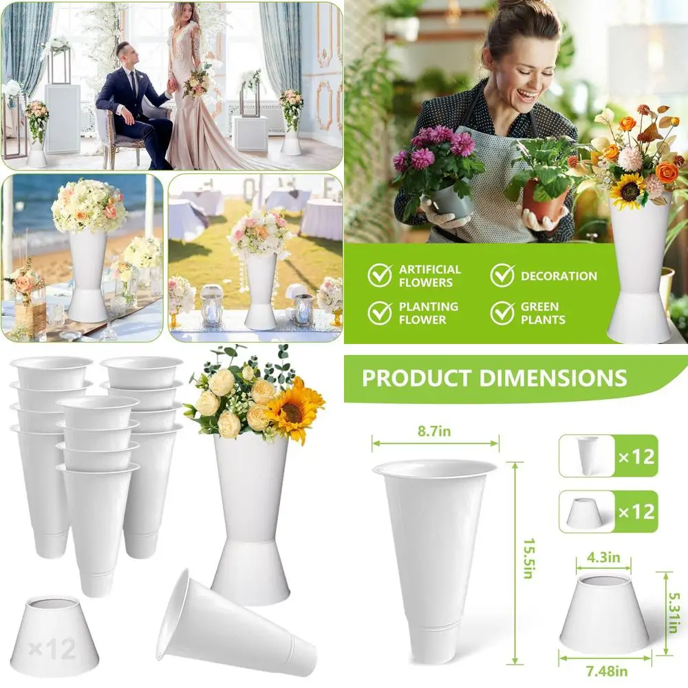 

12-Piece White Plastic Flower Vase Set, 15.5 Tall, for Floral Arrangements, Weddings, and Home Decor