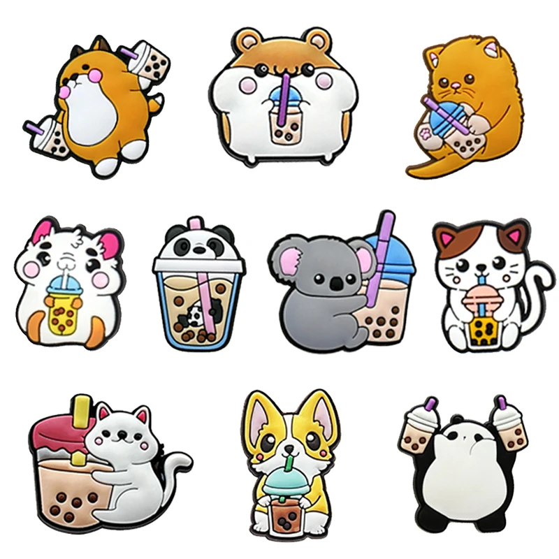 Breloques pour chaussures, 1 pièce, mignon Boba, thé au lait, chat, chien, ours, accessoires Crocs, sandales à épingles, décorations, cadeaux de fête