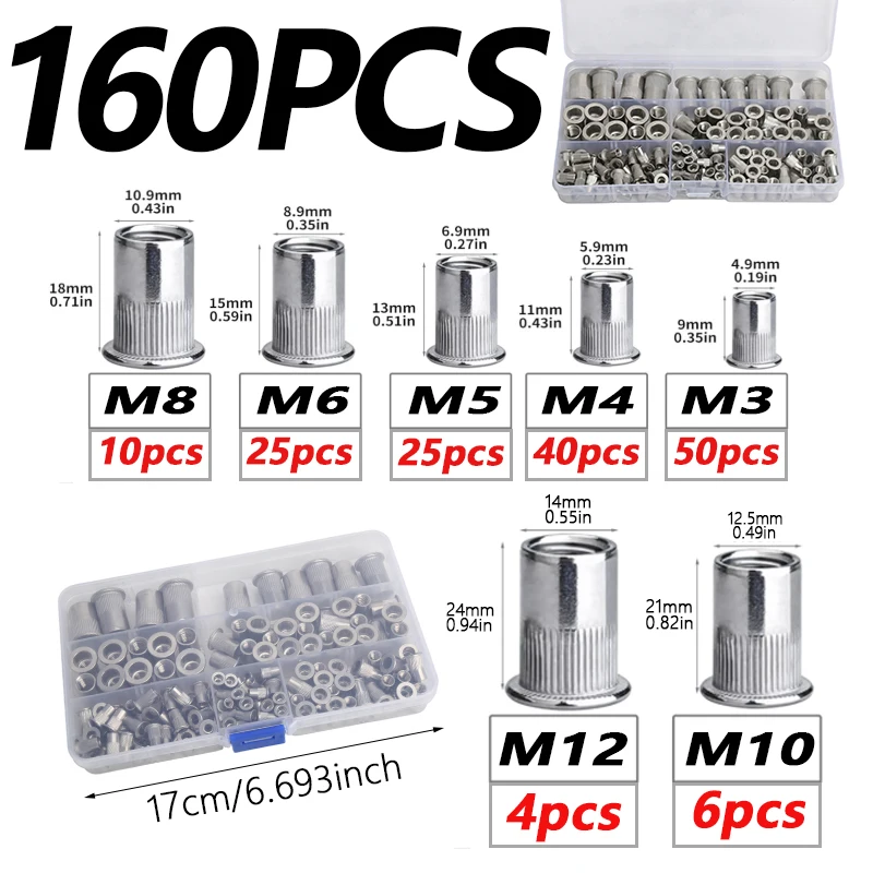 160Pcs Aluminum Rivet Nut Set Metric Rivet Nut Combination (M8/M6/M5/M4/M3), Suitable for Furniture, Decoration, Automotive, Marine, and Industrial Applications