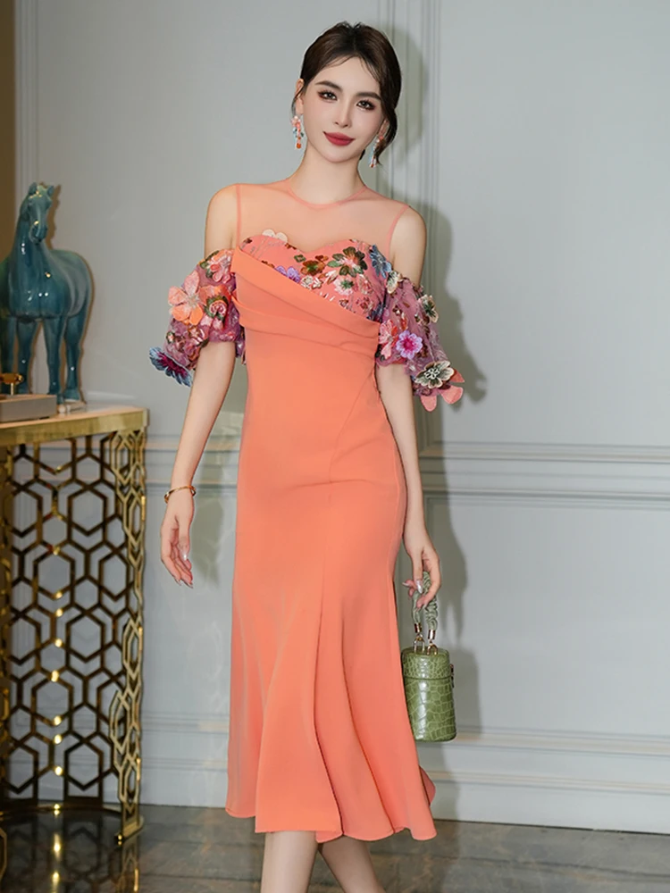 Sweet Luxury Ceremonial Dress Women's Celebrity Orange Flower Embroidery Sheer Mesh Splice Fishtail Robe Party Catwalk Vestidos