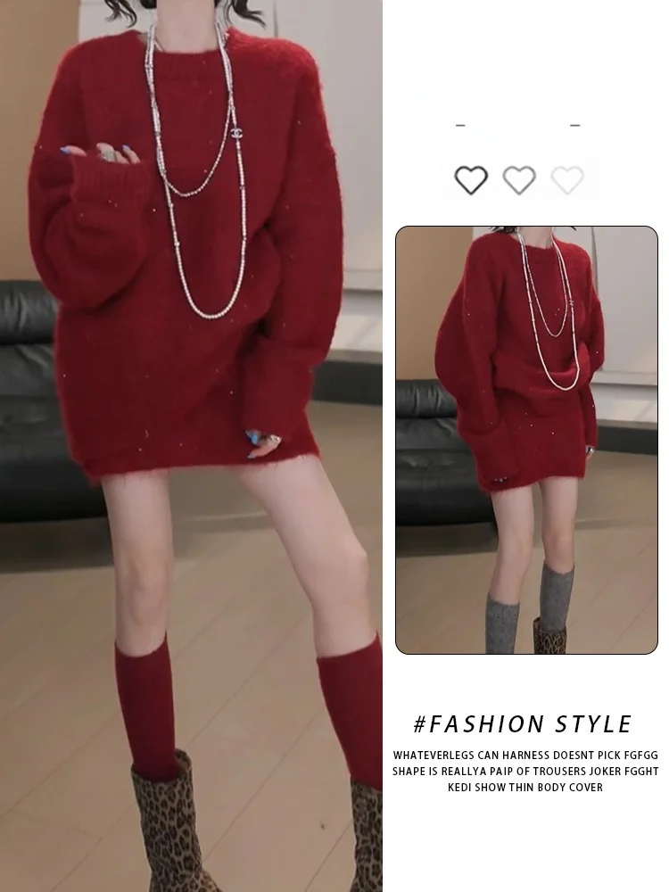 

Chic Winter Warm Thiened Slimming Soft Cozy Pure Color Faion Set High Waist Trousers And Knitted Sweater for Women