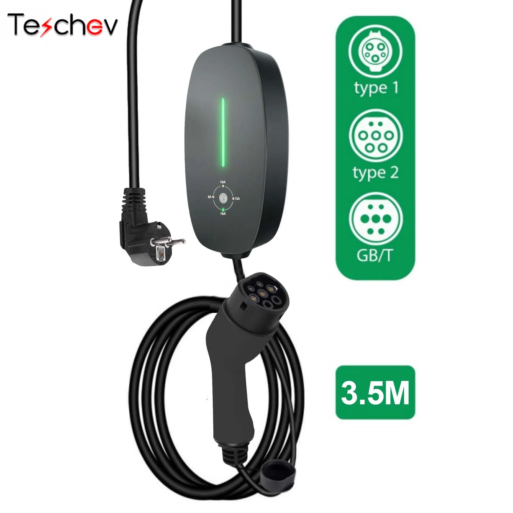 Teschev EV Charger Type2 16A 3.5kW Charging Box 3.5M Cable GBT Socket Type1 J1772 Adapter for Electric Vehicle Car Charge