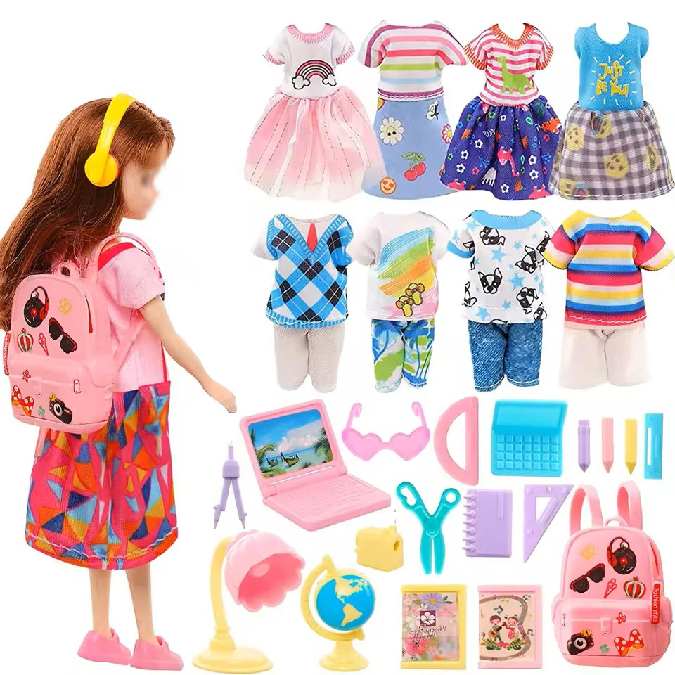 

25Pcs Doll Accessories for 5.3''/13cm Dolls 3 Dress for girl +3 Casual Tops Pants for Boy +19 School Accessory Kids Toys