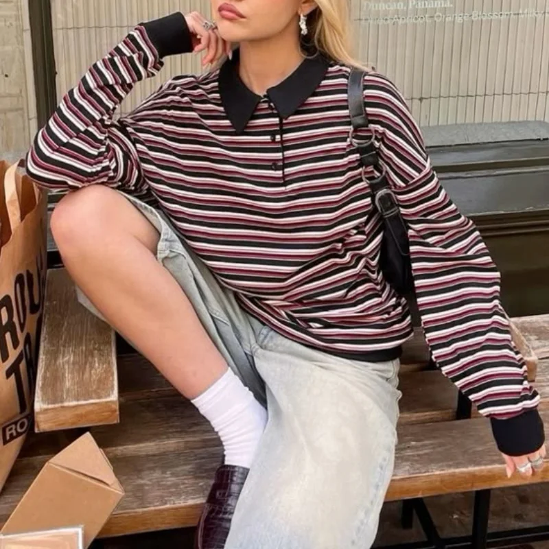 المرأة مخطط الرجبي قميص التلبيب الياقة خمر المعتاد كم طويل البلوز Y2k المحملة بلوزات غير رسمية