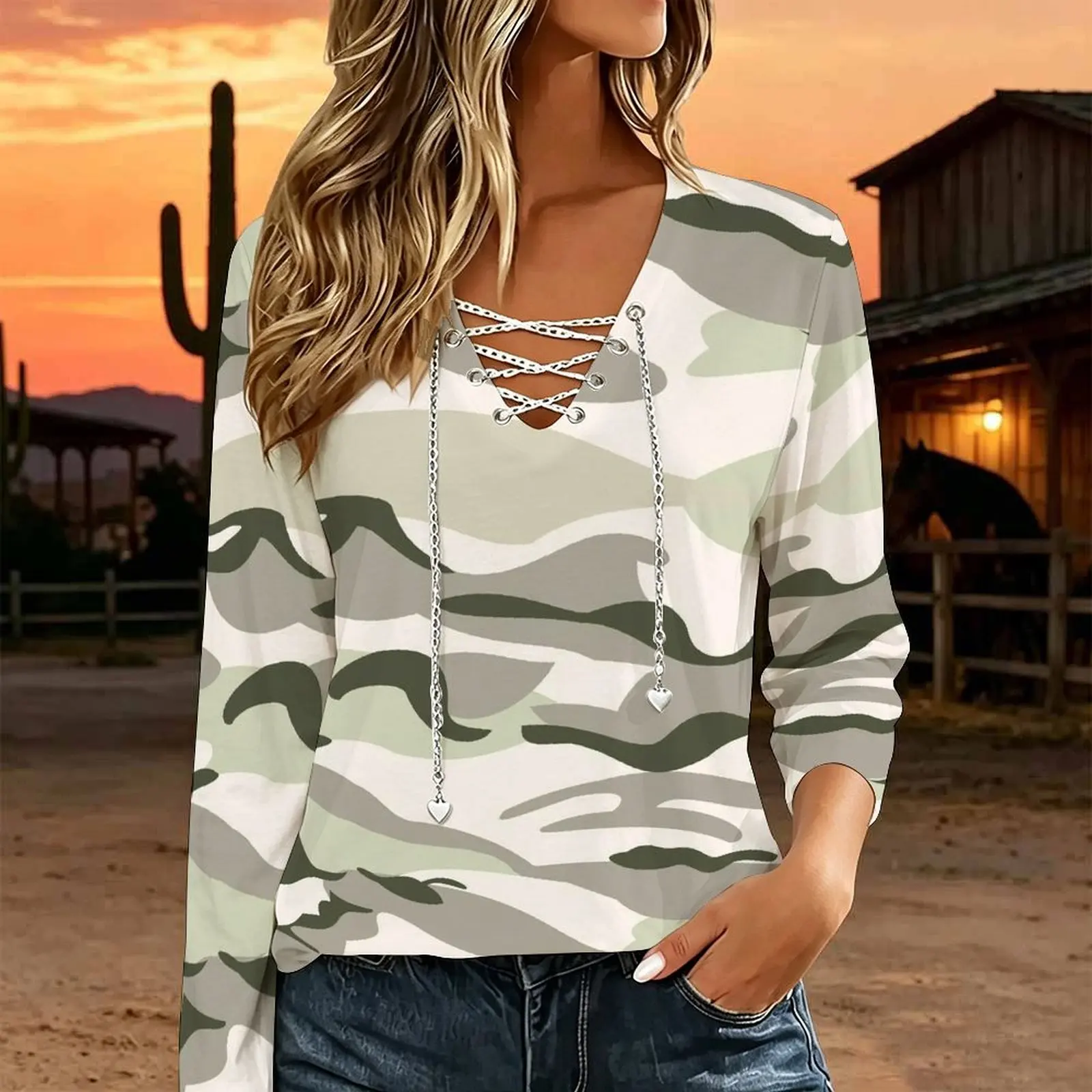 Women V Neck Long Sleeve Top Metal Chain Criss Cross Lace Up Cutout Loose Casual Blouse Custom Print Ladies Western Style Tee - view 5