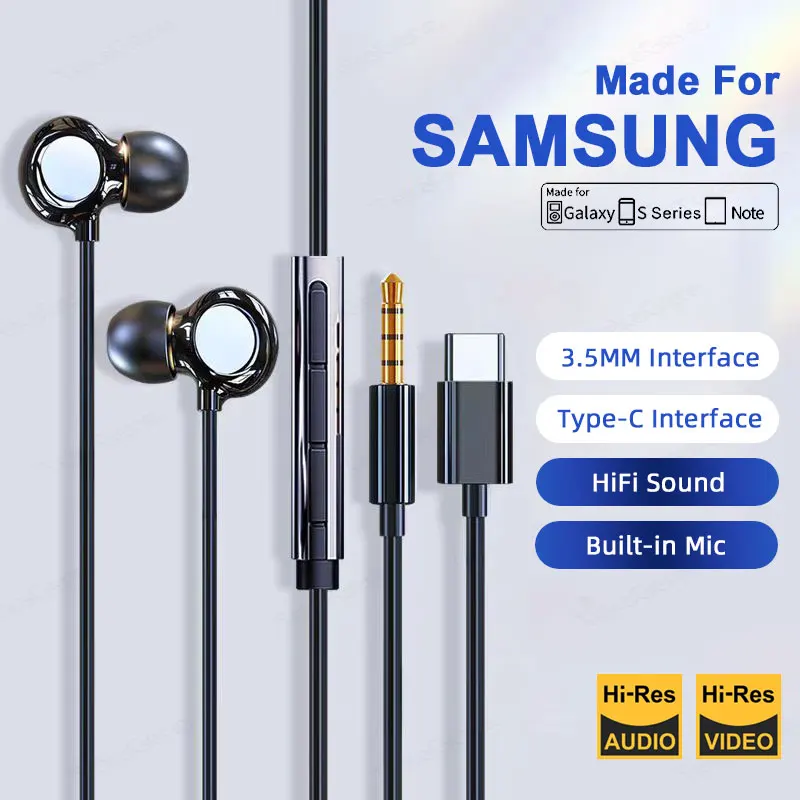 

HiFi Type C Wired Earphone For Samsung Galaxy S24 S23 S21 S22 Ultra Plus 3.5 mm Earbuds Headphones A54 A34 A53 A53 Accessories