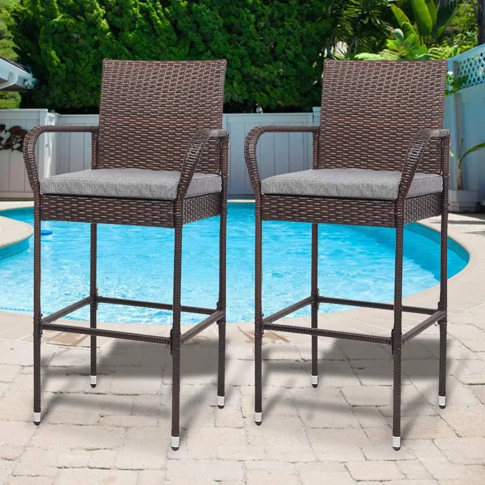 VINGLI Outdoor Wicker Bar Stools Set of 2 with Cushions, Outdoor Bar Chairs Bar Height Tall Patio Chairs, Outdoor