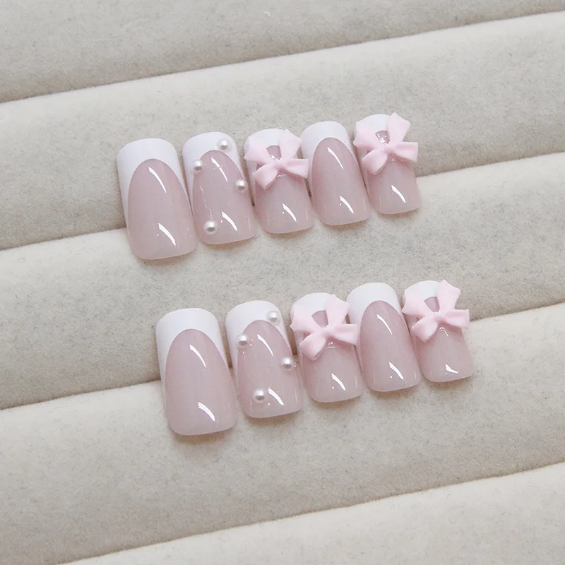 Pink Ballet Fake Nails for Girls White French Tips Korean Style Press on Nails 3D Bowknot Pearls Designs Women Charms False Nail