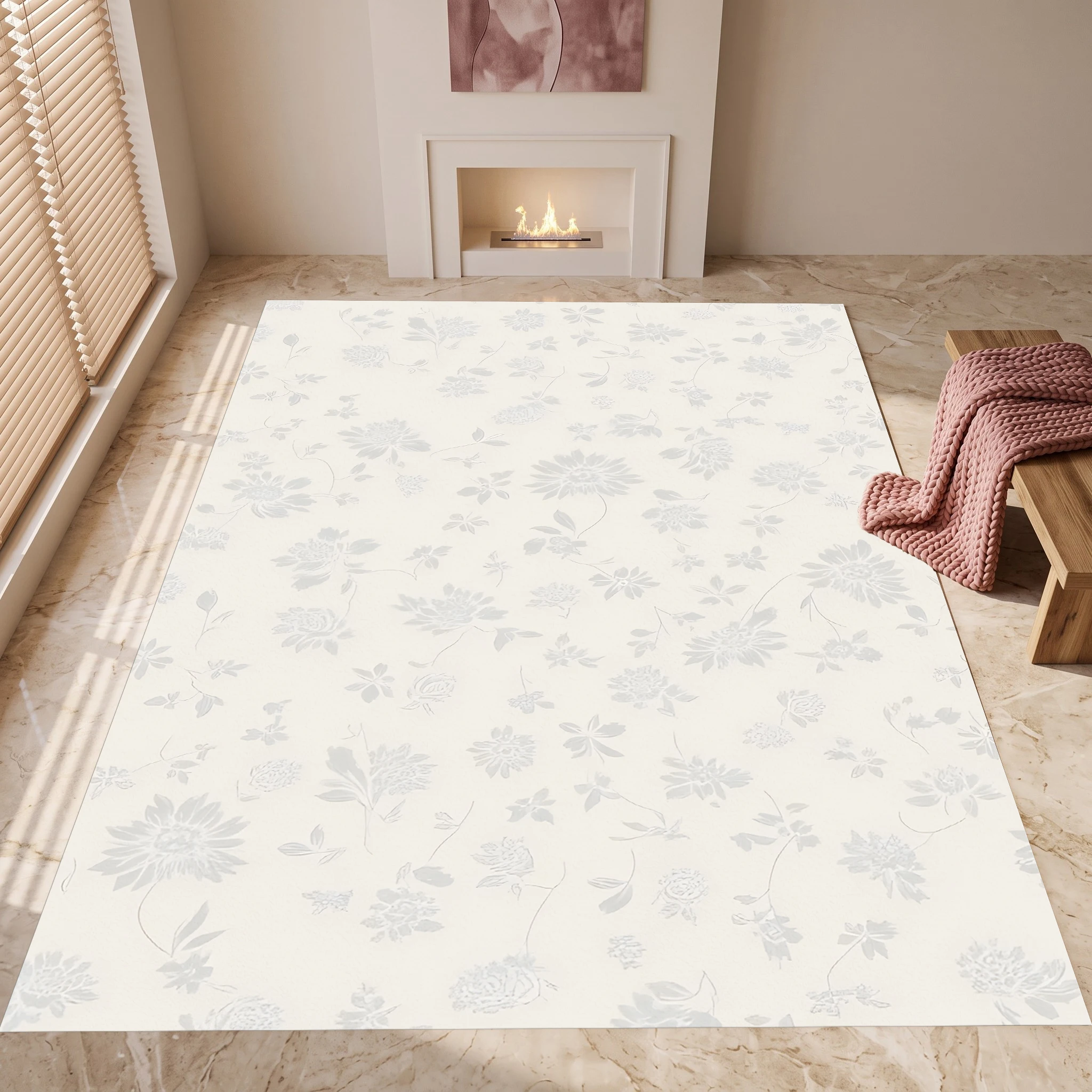 Creamy White Gray Floral Velvet Area Rug, Vintage Gentle for Christmas Decor, Bedroom Living Room Autumn Winter