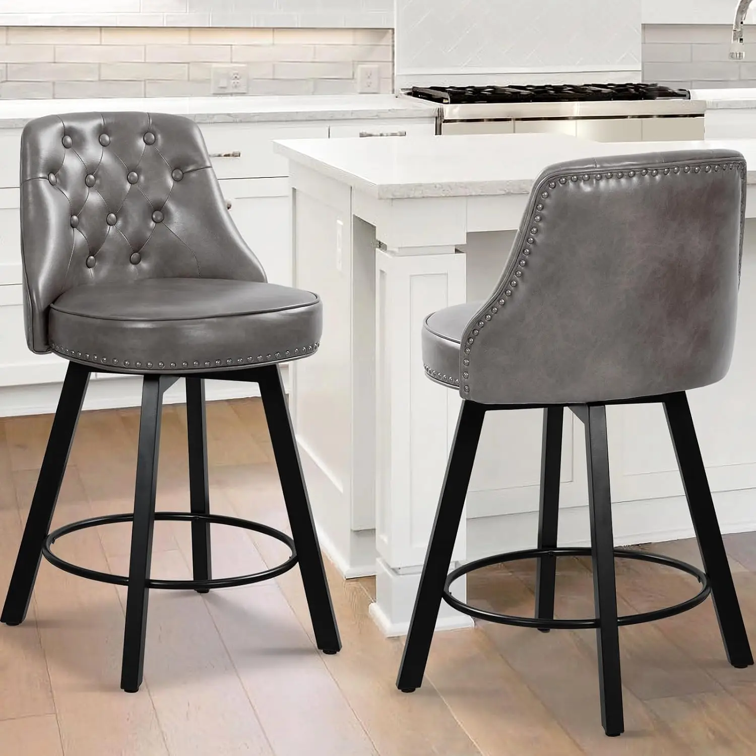 Counter Height Bar Stools Set Of 2, 26” Upholstered Island Chairs Stool With Mid Back, 360°Swivel Mid Century Modern Faux