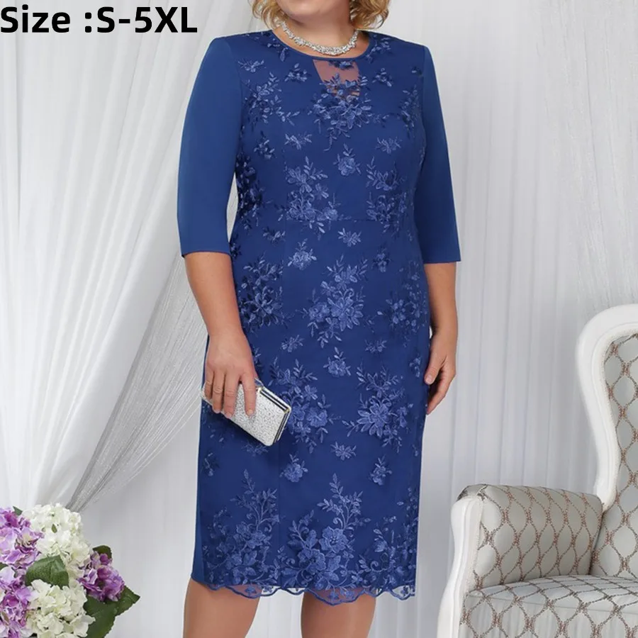 2024 Women\'s Spring Summer Lace Dress Plus Size Elegant Formal Dress With Back Zipper Vintage Lace Floral Half Sleeve Midi Dress