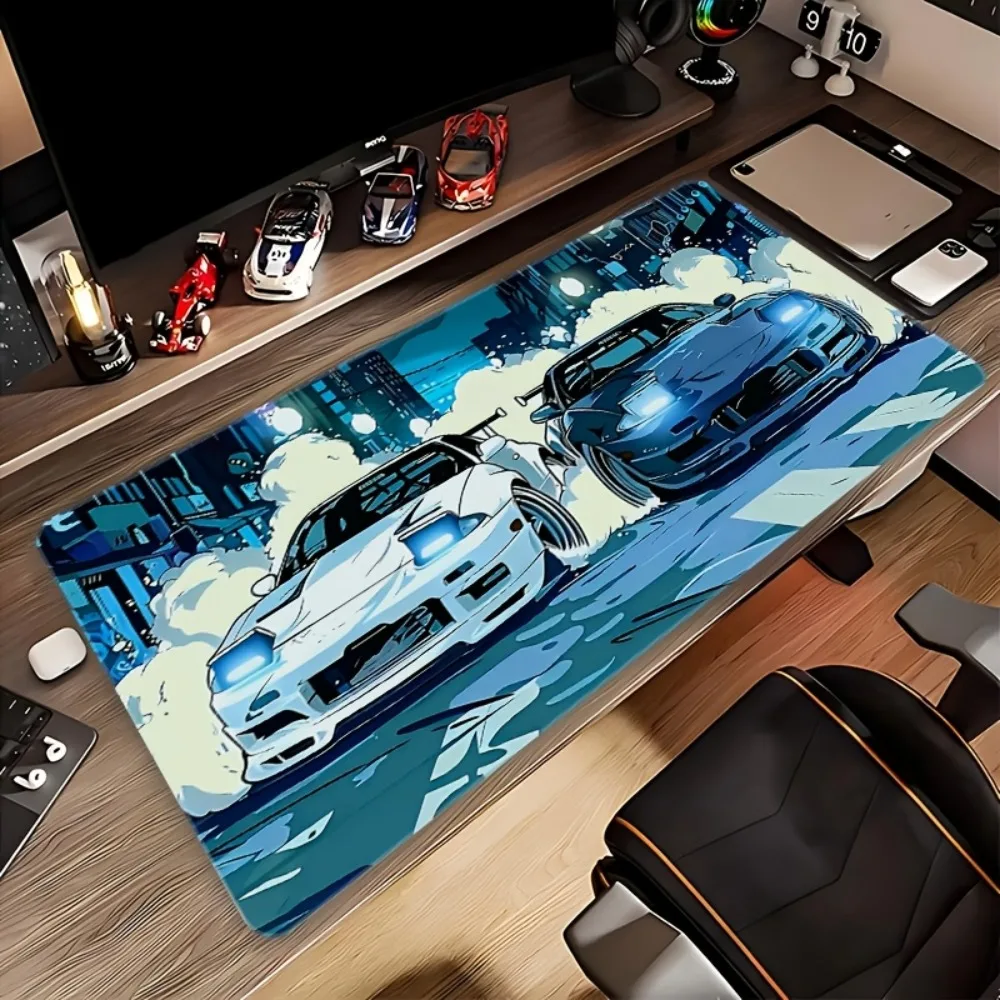 Anime Style Blue White Dual Sports Car Extra-Large Mouse Pad, Non-Slip Stitched Durable Office Gaming Desk Mat