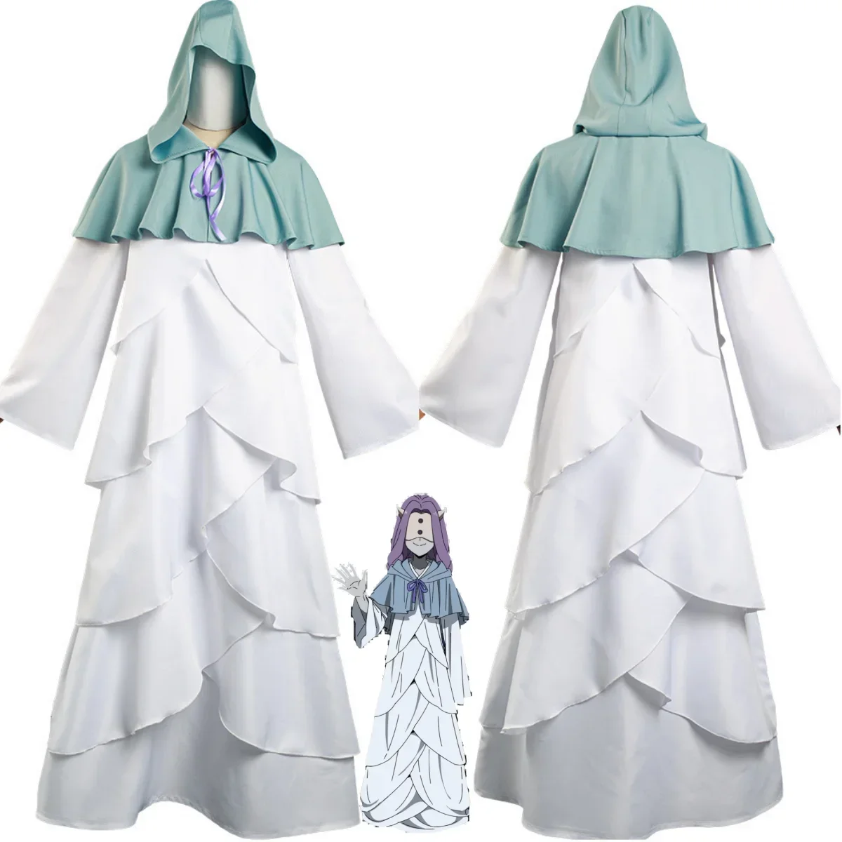 Anime The Promised Neverland Mujika Cosplay Costume Evil Blood Girl White Robe Dress Hooded Scarf Man Woman Halloween Suit